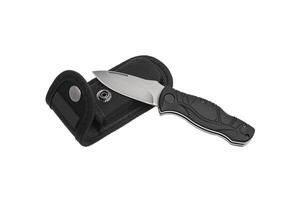 Pocket folding knife isolate on white back. Compact metal sharp knife with a folding blade. photo