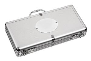 Aluminum briefcase case with metal corners isolated on white photo