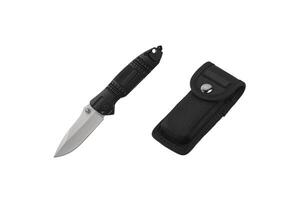 Pocket folding knife isolate on white back. Compact metal sharp knife with a folding blade. photo