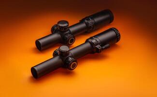 Modern sniper scopes on a colored back. Optical device for long-range aimed shooting. photo