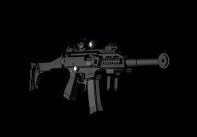 Modern automatic rifle isolated on black background. Weapons for police, special forces and the army. A carbine with optical, mechanical sights and a silencer on a dark back photo