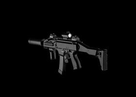 Modern automatic rifle isolated on black background. Weapons for police, special forces and the army. A carbine with optical, mechanical sights and a silencer on a dark background. photo