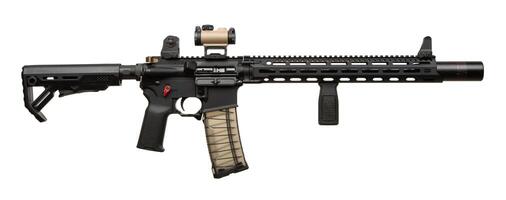 Modern automatic rifle isolated on white background. Weapons for police, special forces and the army. A carbine with red dot sight and silencer on a white back. photo