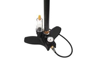 Bicycle hand pump with pressure sensor isolate on a white backg. Modern air pump with a barometer. photo