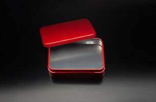 Red metal box of a rectangular background on a black gradient background. Mockup of bright packaging for a small gift. Dark back. photo