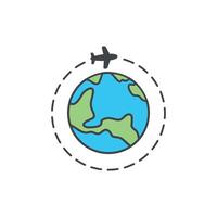 illustration of an airplane and the earth, globe, flight path, symbol around the world. vector