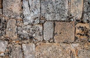Brick wall of yellow shell rock. Closeup of shellstone texture. Background wall with shell rock. Texture limestone. Old wall. photo