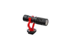 Small modern on-camera microphone with wind protection. Directional microphone. Audio recording tool. Isolate on a white back photo