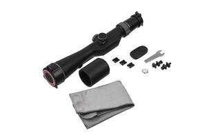 Modern sniper scope on a white back. Optical device for aiming and shooting at long distances. photo