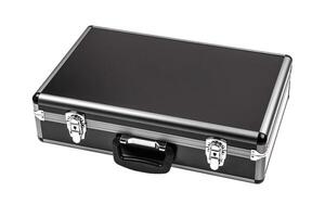 Black padded aluminum briefcase case with metal corners isolated on white photo