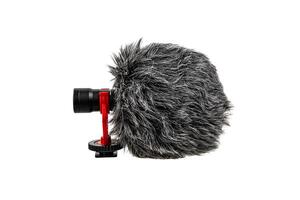 Small modern on-camera microphone with wind protection. Directional microphone. Audio recording tool. Isolate on a white back photo