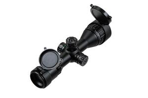 Optical sniper scope with open protective covers. Optical device for aiming and shooting at long distances. Isolate on a white back photo