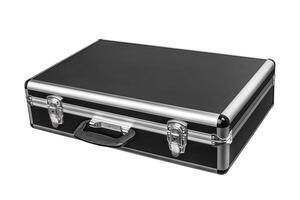 Black padded aluminum briefcase case with metal corners isolated on white photo