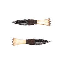 Obsidian knife with bone handle isolate on a white back. Prehistoric weapon made of volcanic glass. photo