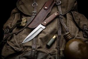 Hunting knife with a wooden handle on a vintage canvas backpack. 12-caliber shotgun shells and a water canteen are nearby. Hunter's set. Dark back. photo
