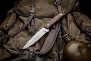 A hunting knife with a wooden handle and a leather sheath on a khaki canvas backpack. Weapons for self-defense and survival. Dark back. photo