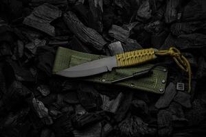 A modern knife with a black blade and a paracord-wrapped handle. Soft green scabbard. Dark charcoal back. photo