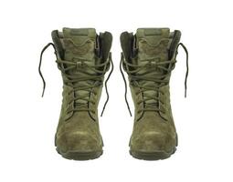 Modern army combat boots. New khaki shoes. Isolate on a white back. photo