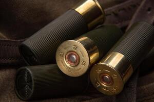 Shotgun shells close-up. Ammunition for smoothbore weapons on a khaki canvas backpack. Dark back photo