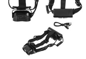 Modern LED headlamp. A flashlight for when you need your hands free. Isolate on a white back photo