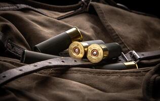 Shotgun shells close-up. Ammunition for smoothbore weapons on a khaki canvas backpack. Dark back photo