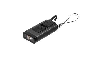 Black metal LED flashlight isolate on a white back. Pocket lamp for dark time of day or dark rooms. photo
