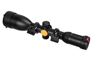 modern black optical scope for weapon isolated on whited. sight scope isolated on white back. photo