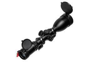 modern black optical scope for weapon isolated on whited. sight scope isolated on white back. photo