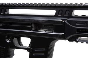 Close-up of the bolt of the carbine. A modern automatic carbine chambered for 9mm pistol caliber. Weapons for the police, army and special units. Isolate on a white back photo