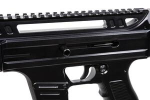 Close-up of the bolt of the carbine. A modern automatic carbine chambered for 9mm pistol caliber. Weapons for the police, army and special units. Isolate on a white back photo