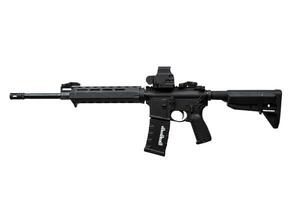 Modern automatic rifle isolated on white background. Weapons for police, special forces and the army. A carbine with red dot sight on a white back photo
