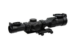 Modern sniper scope on a white back. Optical device for aiming and shooting at long distances. photo