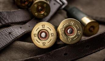 Shotgun shells close-up. Ammunition for smoothbore weapons on a khaki canvas backpack. Dark background. photo