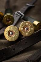 Shotgun shells close-up. Ammunition for smoothbore weapons on a khaki canvas backpack. Dark back. photo