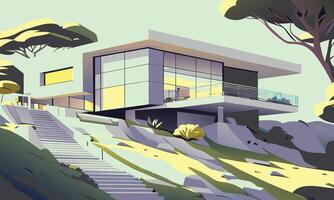 graphics. A landscape in lilac and yellow tones with a modern house in the distance on a cliff vector
