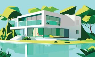 A modern house in calm colors with a clear lake. graphics vector