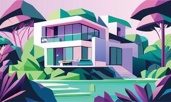 A bright modern cottage with a river on a background of rose trees. graphics vector