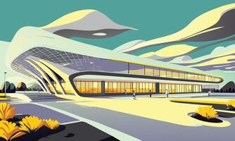 graphics. A landscape in lilac and yellow tones with a futuristic pavilion against the sky vector