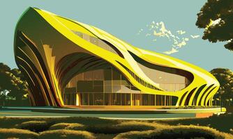 Landscape in green and yellow tones with a modern pavilion. graphics vector