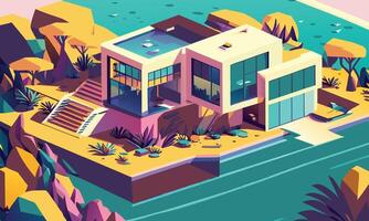 A modern multicolored cottage with a river. View from above. graphics vector