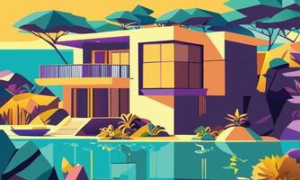 A modern multicolored cottage with a river. graphics vector