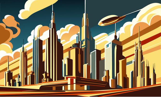 Abstract vintage illustration on the theme of a fantasy metropolis.