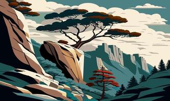 Landscape with trees on mountain cliffs, illustration. vector