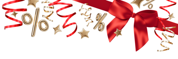 Elegant header with floating golden percentage symbols, stars, ribbons and red bow, on transparent background. Special offers and discounts. Modern border. Top of the sheet. Foreground. 3D render. png