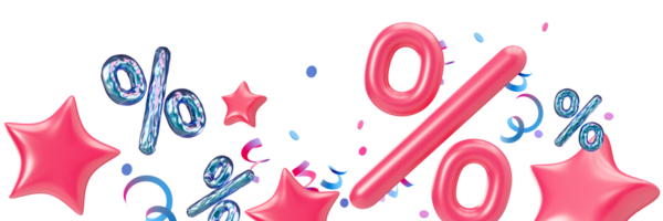 Vibrant footer with floating percentage symbols and stars, on transparent background. Special offers and discounts. Modern border. Pink and blue colors. Bottom of the sheet. Foreground. 3D render. png