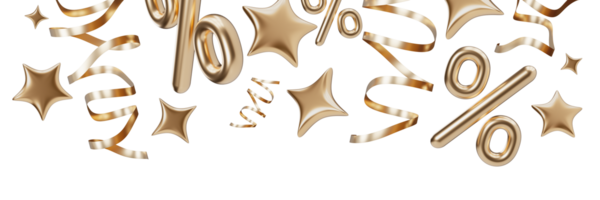 Elegant header with floating golden percentage symbols, stars and ribbons, on transparent background. Special offers and discounts. Modern border. Top of the sheet. Foreground. 3D render. png