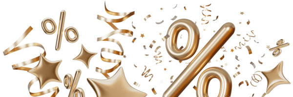 Elegant footer with floating golden percentage symbols, stars, confetti and ribbons, on transparent background. Special offers and discounts. Modern border. Bottom of the sheet. Foreground. 3D. png