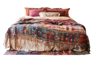 Cozy Boho style bed with vibrant, ethnic-patterned blankets and array of decorative pillows in rich colors. Double bed on transparent background. Cut out furniture. Front view. png