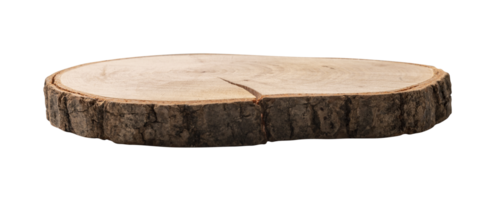 Natural wooden podium, cut from log, on transparent background. Mock up for product display. Cut out pedestal or platform. Empty scene. Stage, showcase. png