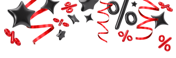 Vibrant header with floating percentage symbols, ribbons and stars, on transparent background. Special offers and discounts. Modern border. Black and red colors. Top of the sheet. Foreground. 3D. png